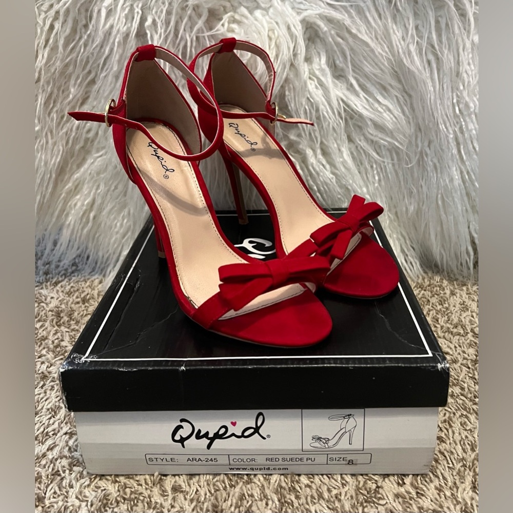 Qupid Red Suede Bow Heels